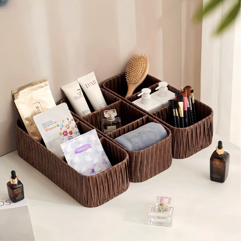 藤编收纳盒化妆品面膜桌面茶几整理零食杂物家用手工编织收纳筐