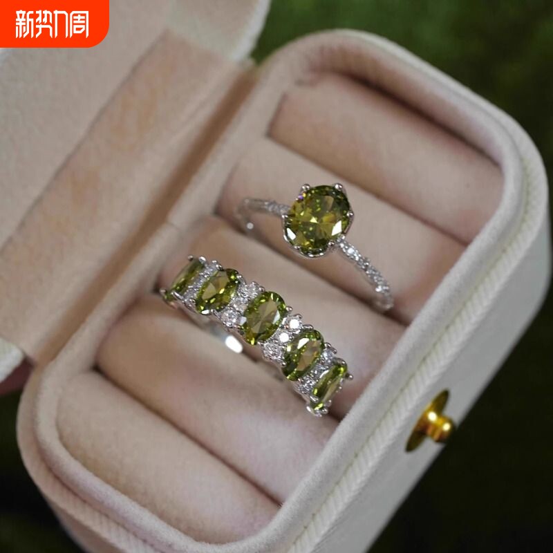 【挪威森林】法式复古橄榄绿锆石戒指女轻奢精致高级感指环可调节