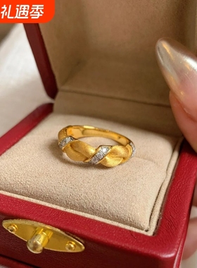 法式金色拉丝麻花辫戒指小众设计轻奢高级感时尚百搭微镶锆石指环