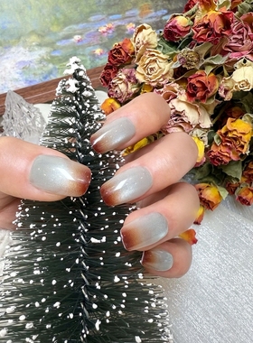 圣诞款美拉德晕染穿戴甲银灰色渐变美甲甲片短款亮闪猫眼手工美甲