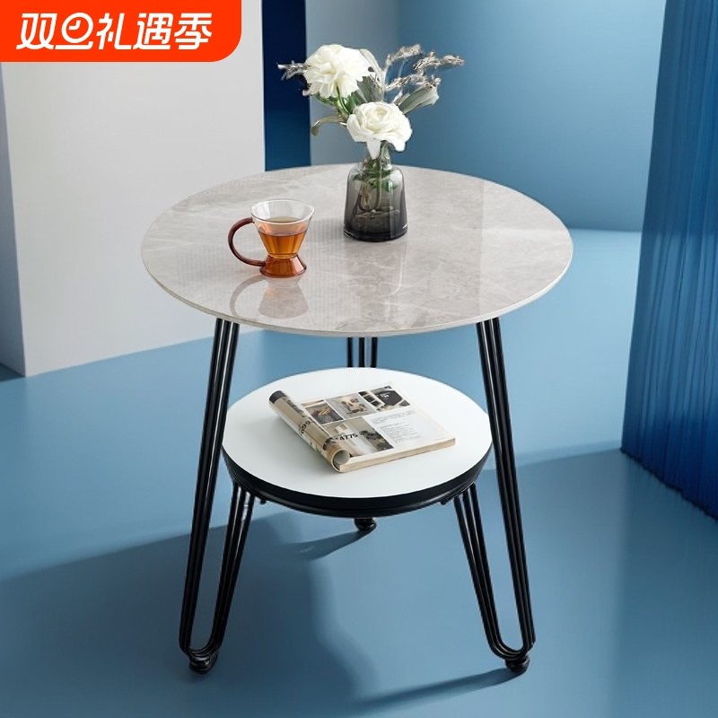 明强现代轻奢小茶几家用客厅小户型岩板双层茶几阳台圆桌子创意