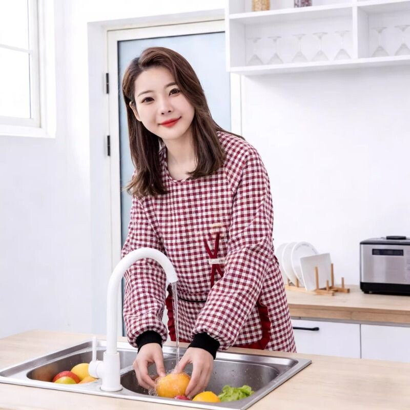 围裙女外穿时尚新款棉布长袖罩衣厨房防污透气家用做饭上班工作服