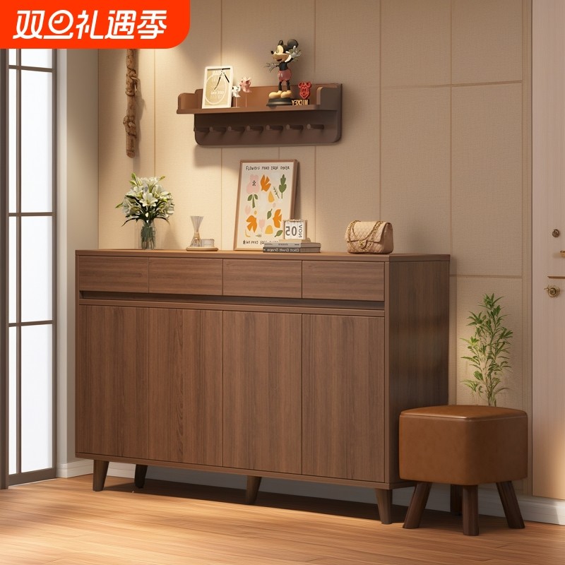 实木生态板鞋柜家用门口入户收纳柜一体靠墙中古风玄关储物鞋架