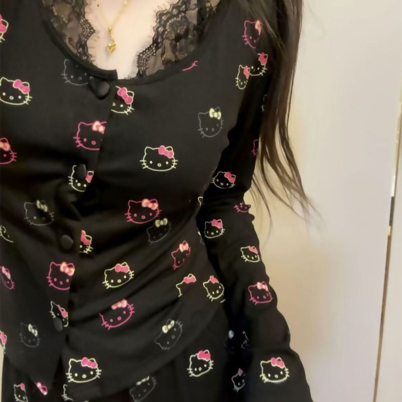 2025带胸垫莫代尔睡衣女春秋季新款KT猫甜美长袖长裤家居服可外