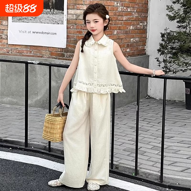 潮牌女童韩版时尚夏季套装新款夏装无袖衬衫阔腿长裤两件套休闲