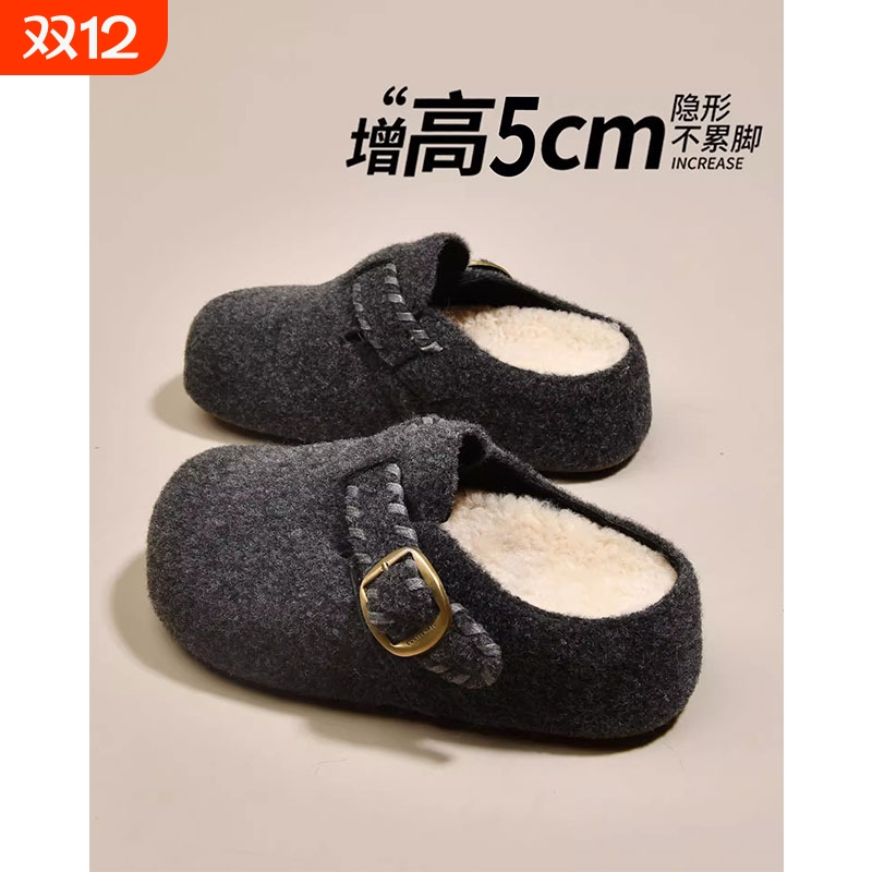 厚底加绒灰色勃肯鞋女呢子包头毛毛棉拖鞋外穿2025冬季新款雪地靴