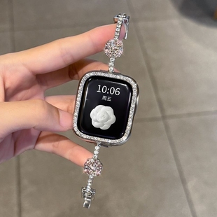 新款 s6se潮流S5细金属4苹果Ultra表链3女2链条1 山茶花镶钻适用于苹果S10手表表带iwatchs9代轻奢s8高级s7时尚