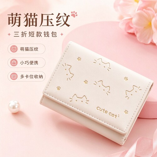 日式简约猫咪印花女短款钱包