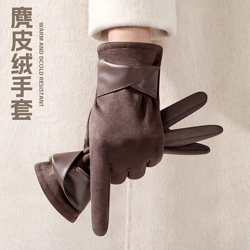 仿麂皮绒手套女冬季新款加绒保暖防寒触屏骑行开车户外防风手套