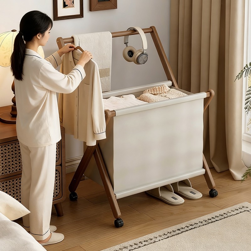 原木风可折叠实木衣帽架卧室落地挂衣架懒人次净床尾晚上放衣神器