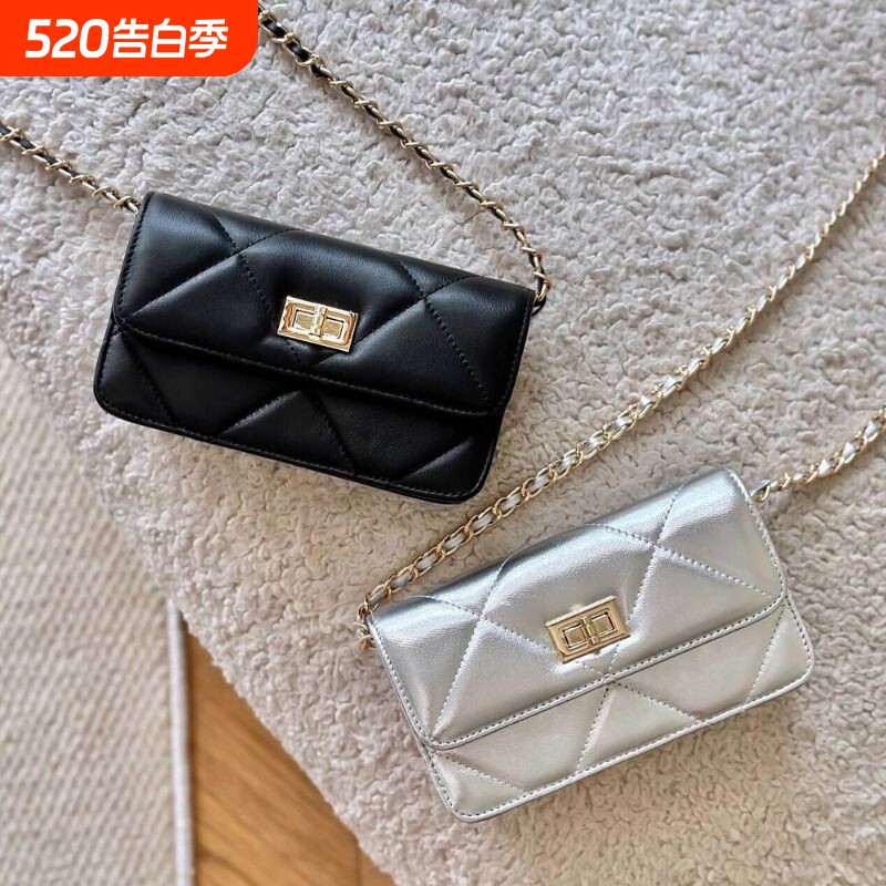 手机包包女2025新款潮小香风菱格小众高级感链条包斜挎小包包黑色