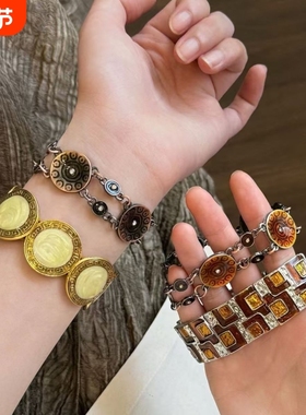 复古做旧宽边滴釉手镯女中古vintage轻奢高级感手环小众设计手饰