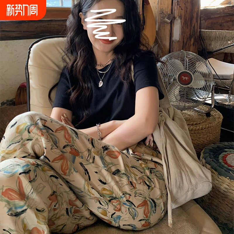 睡裤女款夏季人造棉绵绸薄款绸可外穿家居碎花长裤子直筒宽松大码