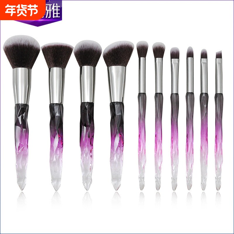 新款10支玻璃钻石塑胶柄化妆刷套装 透明水晶眼部粉底刷彩妆工具