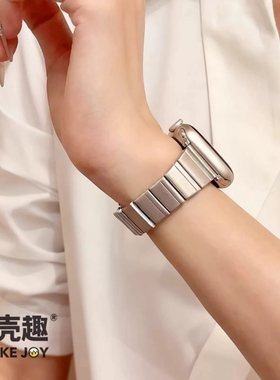 高级清适用iwatch11苹果applewatchs10/s9竹节小蛮腰钢表带s8/s740/45/41mm金属不锈钢蝴蝶扣表链夏钢带黑色