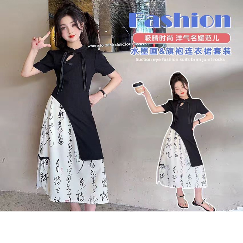 女童新中式连衣裙套装夏季2024新款中国风古风儿童旗袍过膝裙汉服