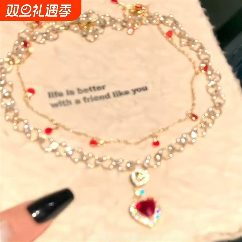「千金」红色爱心珍珠双层项链女公主轻奢高级感宫廷风锁骨链蝴蝶