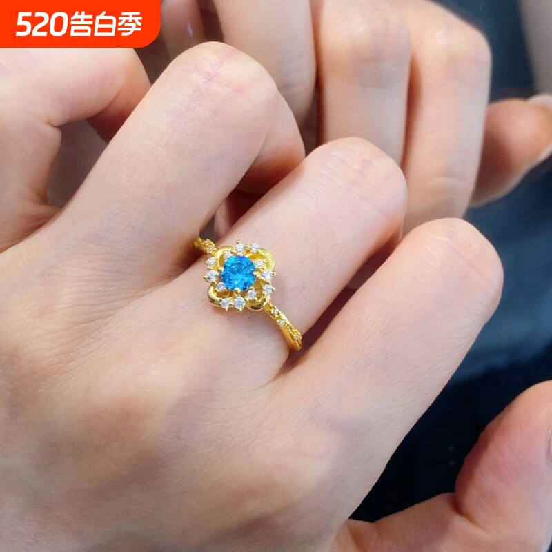 法式布契拉提风蓝色锆石四瓣花开口戒指女小众设计轻奢高级感手饰
