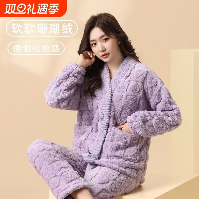 睡衣女款冬季珊瑚绒加厚加绒女士秋冬2024年新款法兰绒外穿家居服