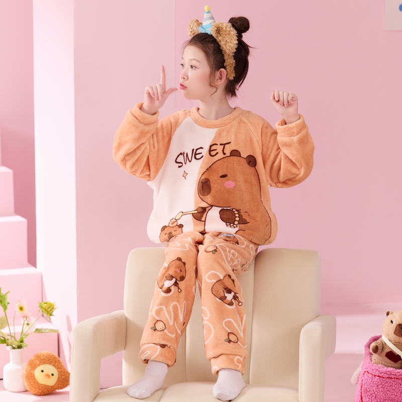 儿童珊瑚绒睡衣秋冬季小男孩法兰绒女童中大童家居服宝宝保暖套装