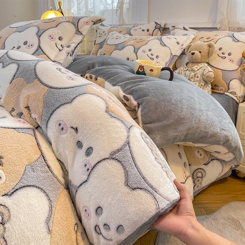 冬天加绒珊瑚绒被套单件非牛奶绒被罩法兰绒毛绒被单四件套25床单