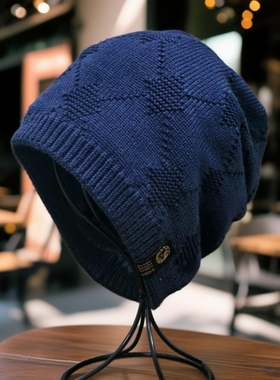 秋冬新款波纹加绒针织帽男休闲大头保暖帽加厚护耳潮黑色灰色红色