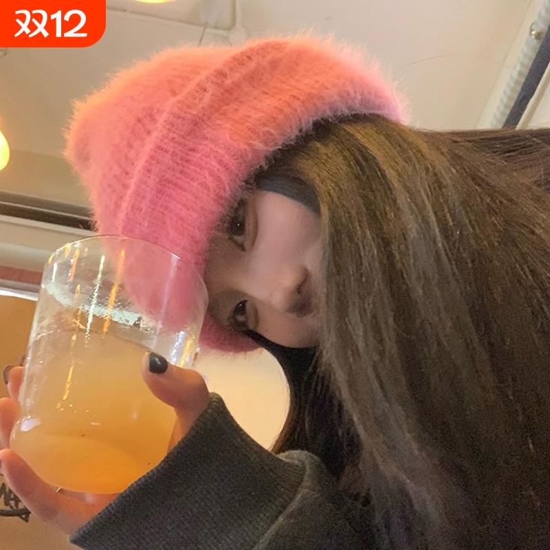 粉色针织毛线帽女秋冬百搭帽子显脸小保暖护耳包头帽冷帽