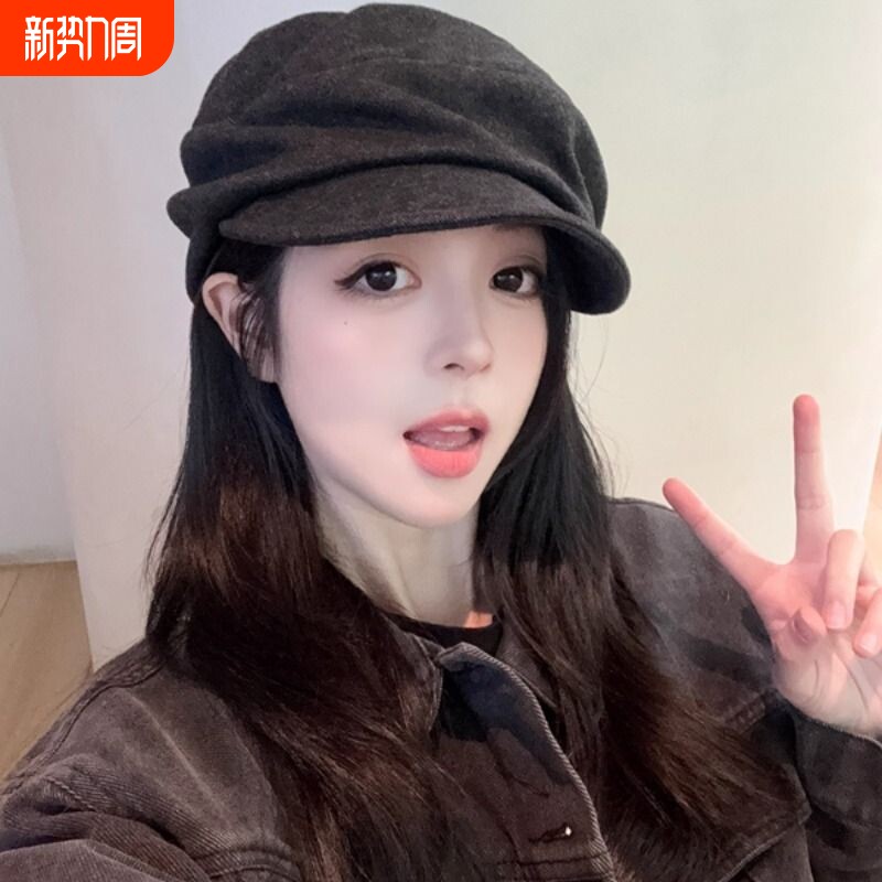 时尚韩版显脸小报童帽画家帽秋冬贝雷帽复古毛呢女八角褶皱