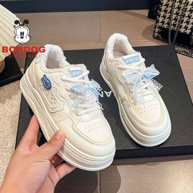 巴布豆儿童女鞋2025秋冬加绒新款女童小白鞋软底系带休闲百搭板鞋