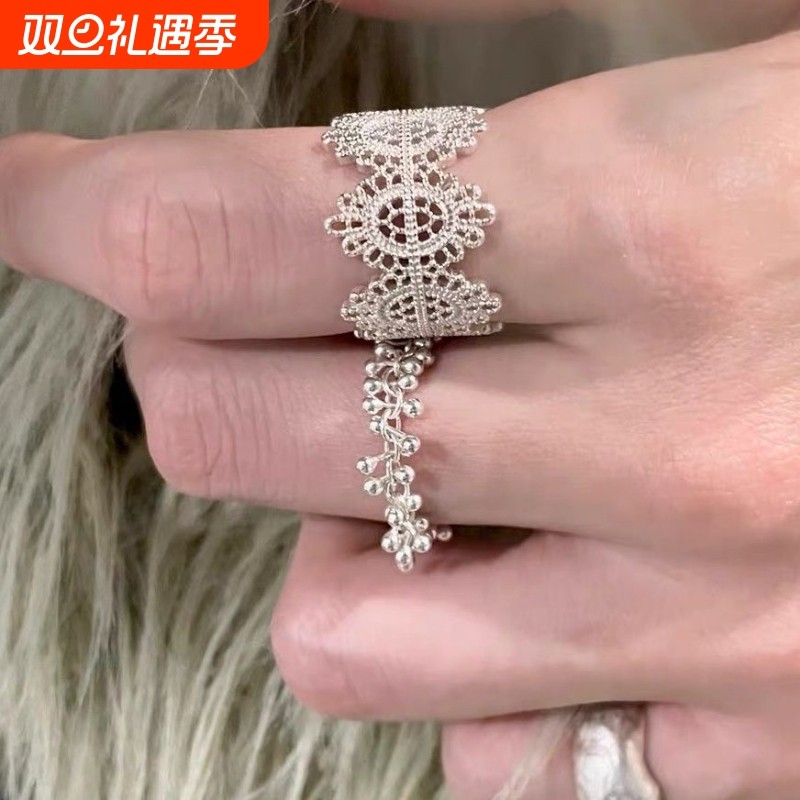 蕾丝花边锆石开口戒指女轻奢少女风镂空复古食指戒百搭气质指环
