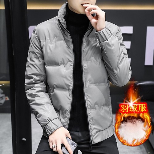 户外新款羽绒服男士立领保暖棉衣纯色大码外套短款字母压花白鸭绒