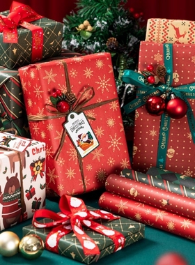 圣诞节礼物包装纸礼品纸高级感儿童生日礼盒牛皮纸超大张尺寸打包材料复古彩纸加丝带结婚红色可爱卡通包书纸