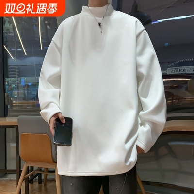 黑色韩系半高领德绒打底衫男款冬季保暖加绒长袖t恤修身正肩上衣