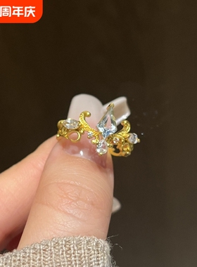 蓝眼泪戒指中古蓝色闪钻辛德瑞拉戒指复古vintage宫廷风开口食指