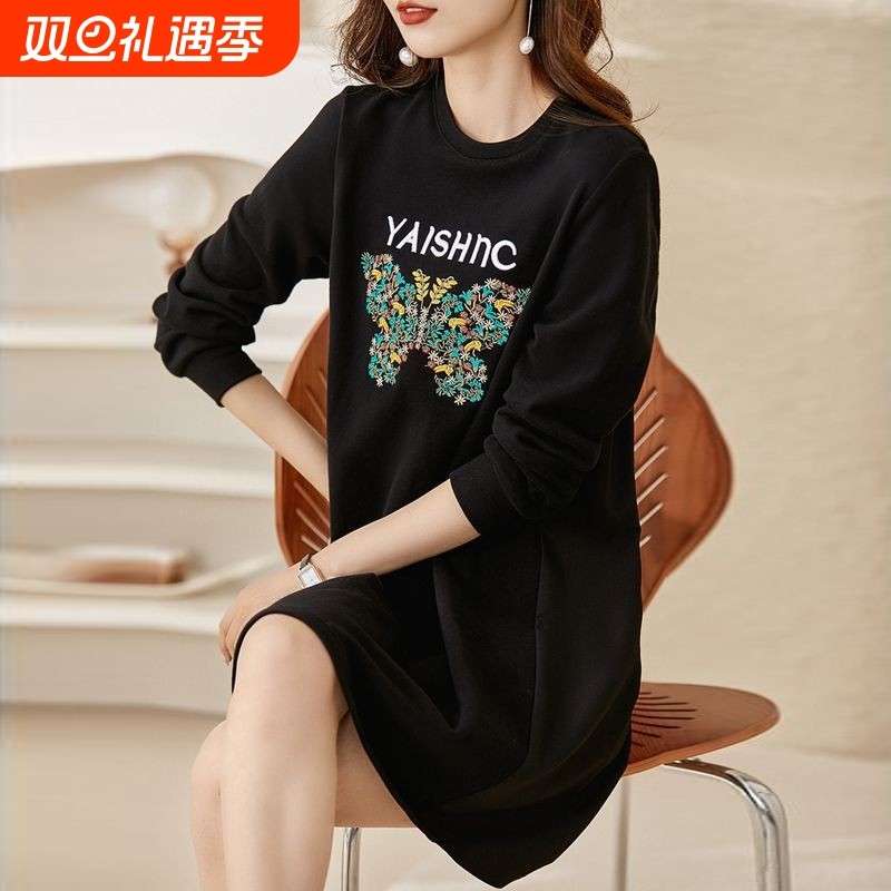 孕妇春秋新款圆领长袖印花纯棉T恤裙韩式时尚减龄休闲百搭连衣裙