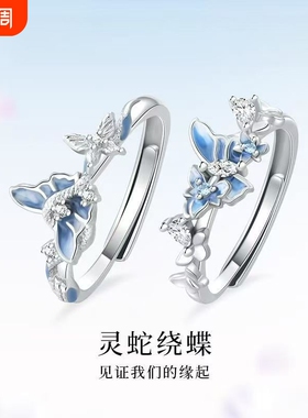 灵蛇绕蝶戒指时尚百搭新年蝴蝶闺蜜对戒小众设计蛇形情侣可调节