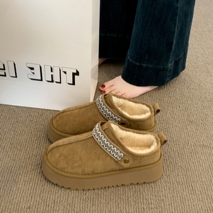 雪地靴子棉鞋 孕妇一脚蹬半拖鞋 女外穿2025秋冬新款 厚底包头棉拖鞋