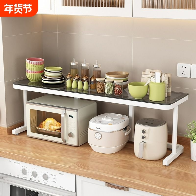 厨房置物架钢化玻璃一字板台面微波炉架子灶台收纳架省空间多层,厨房/烹饪用具,厨房置物架/置物柜/角架,淘宝优惠券,粉丝福利购,淘宝优惠卷