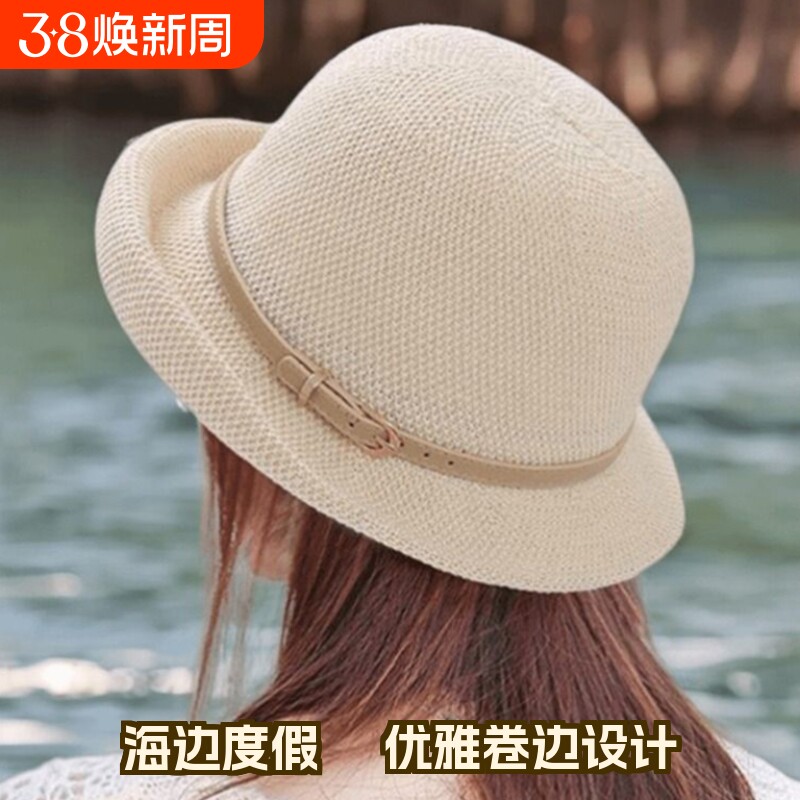 遮阳帽女春秋夏季礼帽透气薄款盆帽防晒渔夫帽白色黑色米白色海边