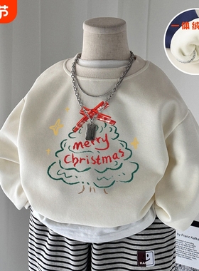 女童圣诞卫衣2025秋冬新款洋气男宝宝卡通绣花纯棉红色上衣THH291