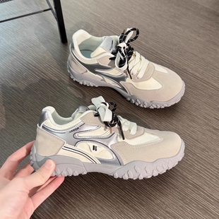 加绒运动鞋女秋冬新款德训鞋女款软底厚底阿甘板鞋拼色老爹鞋圆头