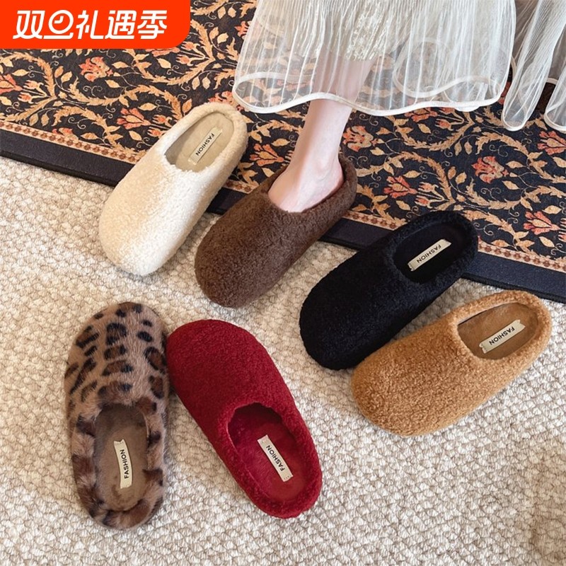 复古红卷毛勃肯鞋秋冬保暖加厚棉拖懒人拖鞋居家包头鞋防滑防水