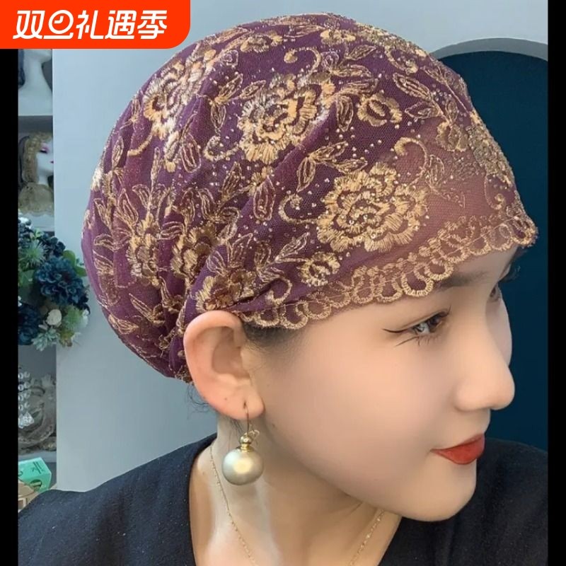 夏季新款薄款蕾丝帽包头帽玫瑰花刺绣头巾帽时尚遮白发碎发妈妈帽