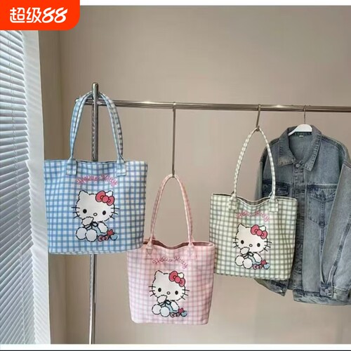 可爱帆布包少女手提袋单肩夏季百搭通勤大容量新款托特包蓝色斜挎