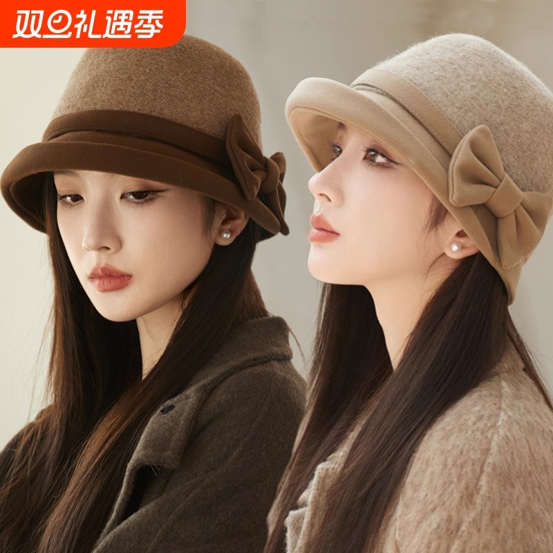 2025秋冬新款羊毛呢渔夫帽子女法式复古赫本风蝴蝶结气质名媛礼帽