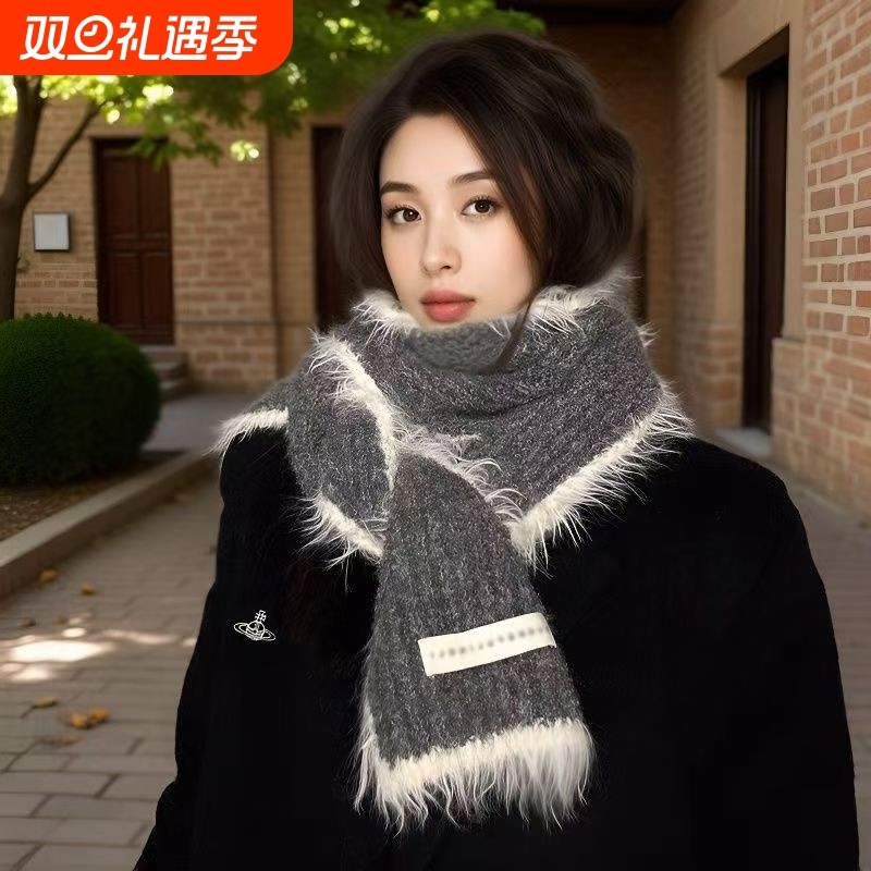 ins撞色针织围巾女2025秋冬新款时尚保暖毛线围脖红色黑色紫色