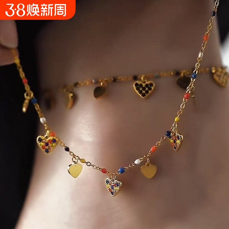 夏日多巴胺闪钻爱心脚链女小众高颜值轻奢吸睛设计圆珠足链送女友