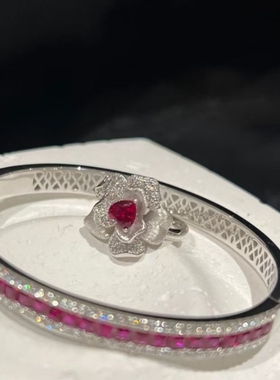 925轻奢复古新中式玫瑰花爱心红宝石戒指手镯镶嵌满钻高颜值精致