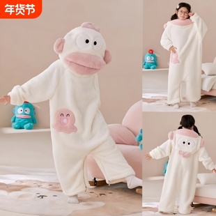 儿童连体丑鱼睡衣女秋冬季亲子款珊瑚绒加厚保暖卡通可爱搞怪睡袍