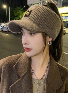 春秋保暖针织鸭舌帽子女士洋气时尚韩版冬季空顶棒球帽潮灰色白色